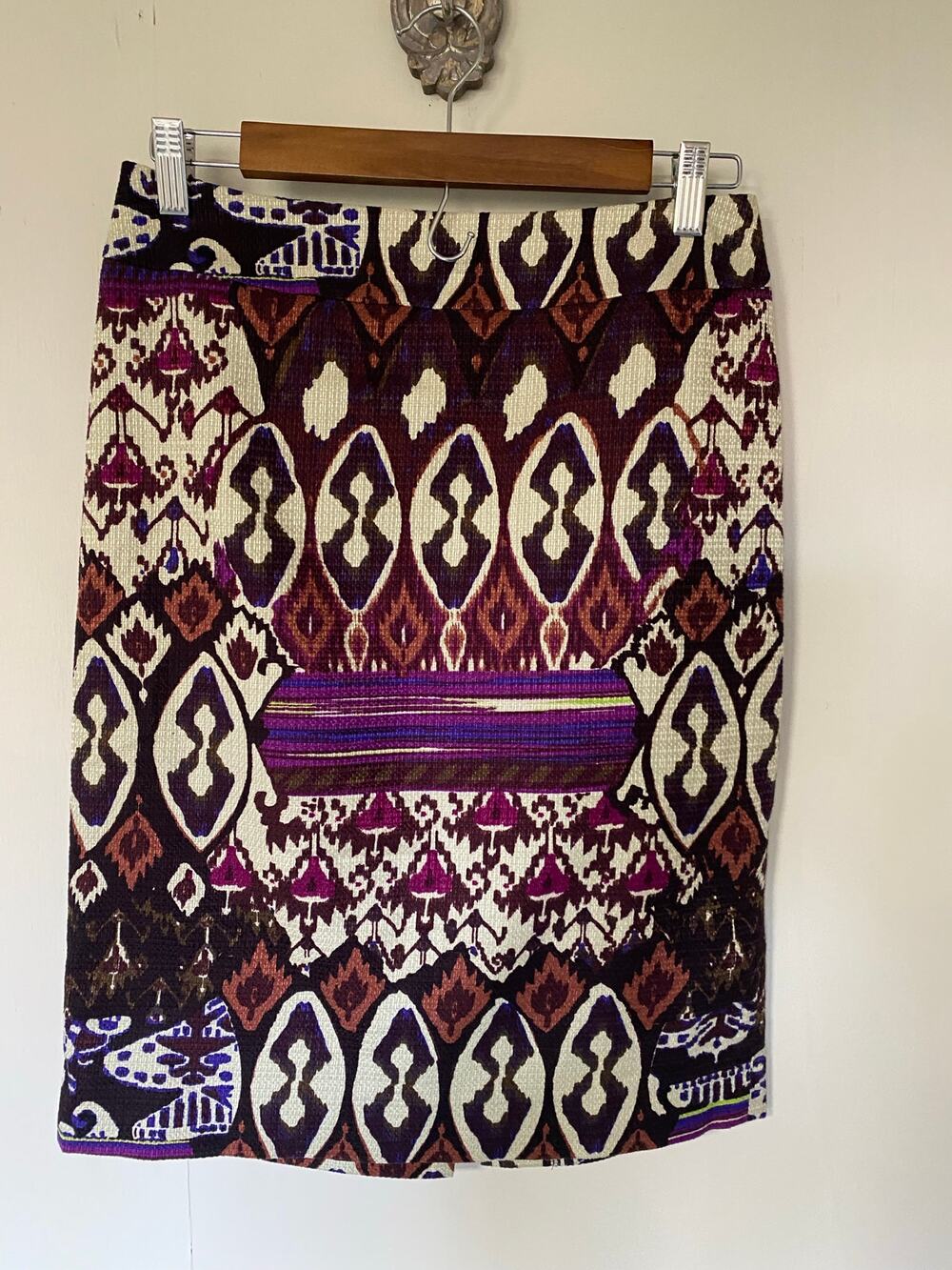 Jigsaw Vintage Textured Woven Cotton Ikat Office Pencil Skirt Purple 6